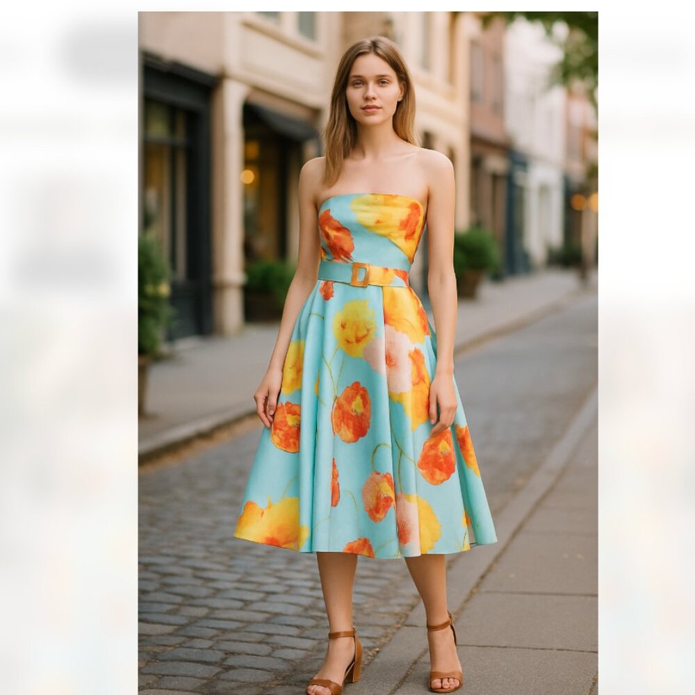 NWT $995 Rene Ruiz mikado midi dress In Teal / Yellow / Red Belted